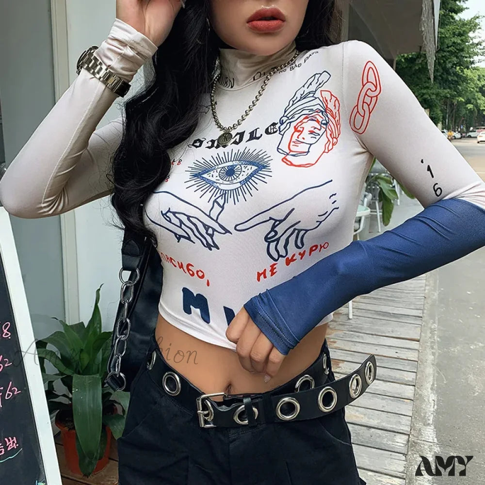 AMY - High Street Casual Funny Print Stretch Slim Autumn Crop Top