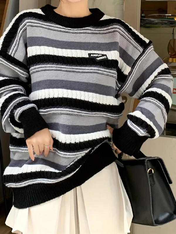 Sixsr Striped Crew Neck Pullover Sweater, Casual Long Sleeve Drop Shoulder Sweater, Women's Clothing