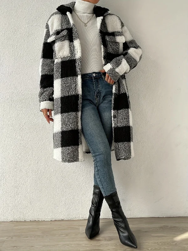 Sixsr Plaid Pattern Teddy Coat, Casual Button Front Long Sleeve Outerwear, Women's Clothing