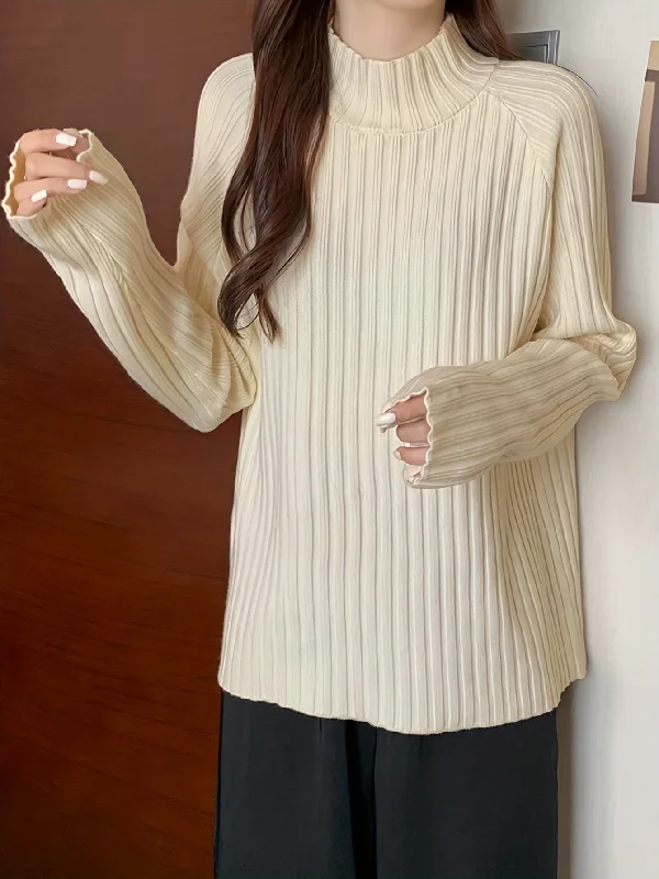 Sixsr Solid Mock Neck Rib Knit Sweater, Casual Long Sleeve Thick Versatile Sweater, Women's Clothing