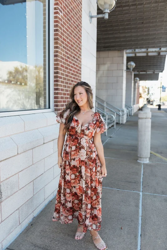 Rust Floral Puff Sleeve Midi Dress