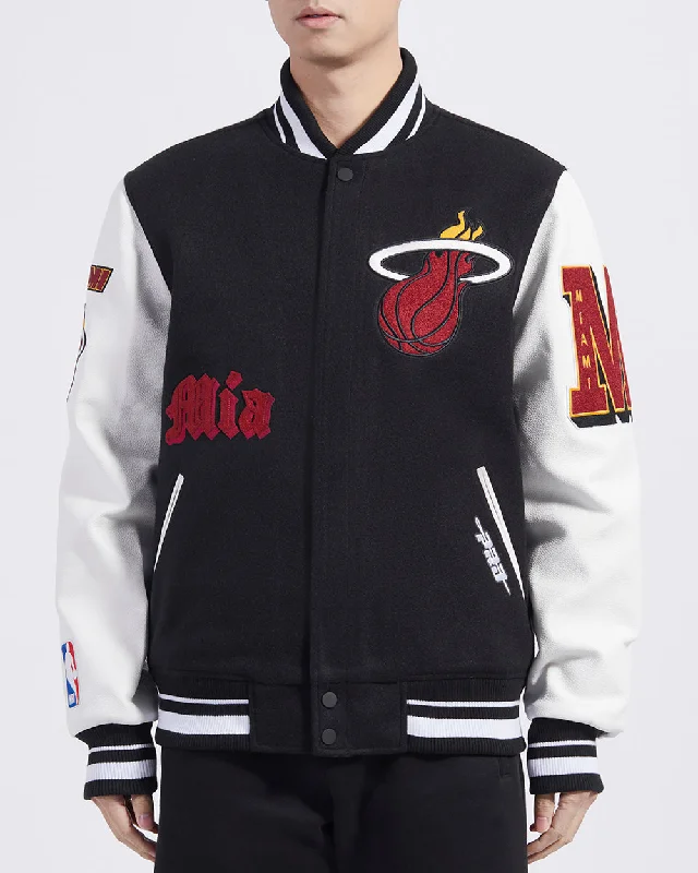 NBA MIAMI HEAT OLD ENGLISH MEN'S RIB WOOL VARSITY JACKET (BLACK/WHITE)